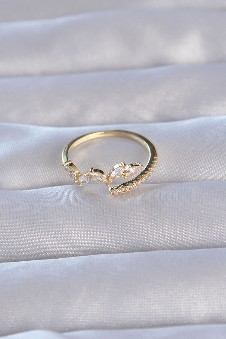 EBJ Adjustable Ring with Rice Gold Color Zircon Stone Leaf Design - Victoria