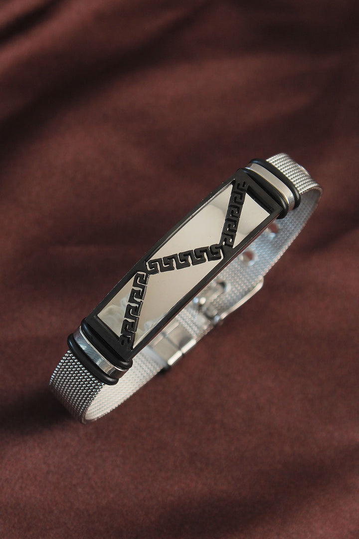 EBJ 316L Stainless Steel Black Ethnic Pattern Adjustable Mesh Cord Bracelet - Derby