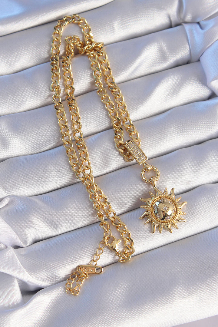EBJ 316L Steel Gold Color Sun Model Necklace with Zircon Stone - Quincy
