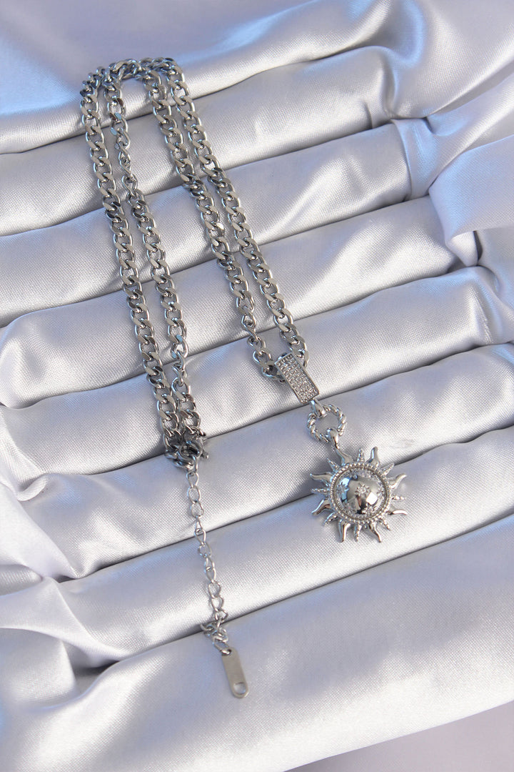 EBJ 316L Stainless Steel Silver Color Sun Model Necklace with Zircon Stone - Lubny