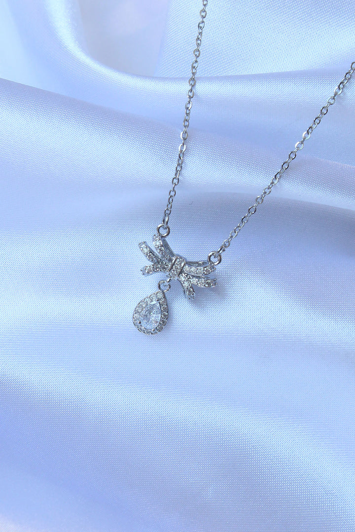 EBJ 316L Stainless Steel Chain Silver Color Zircon Stone Drop Detail Bow Model Necklace - Béziers