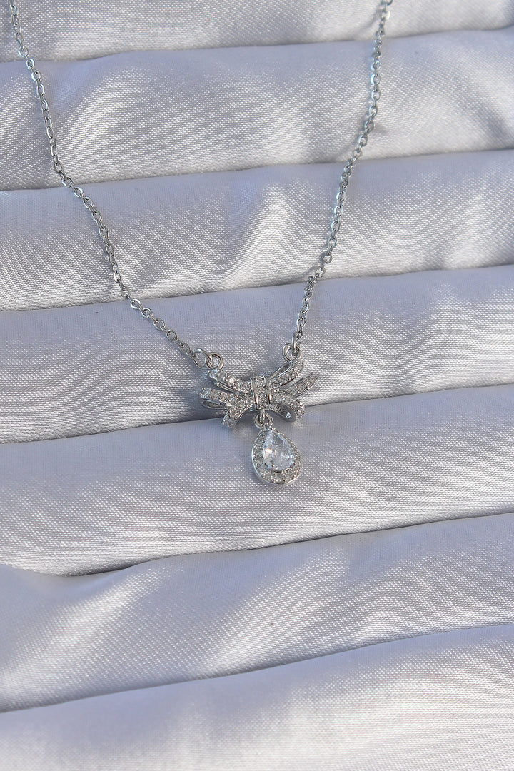 EBJ 316L Stainless Steel Chain Silver Color Zircon Stone Drop Detail Bow Model Necklace - Béziers