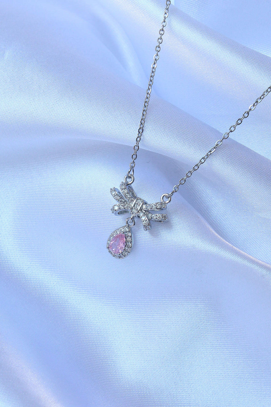 EBJ 316L Stainless Steel Chain Silver Color Pink Zircon Stone Drop Detail Bow Model Necklace - Egg Harbor