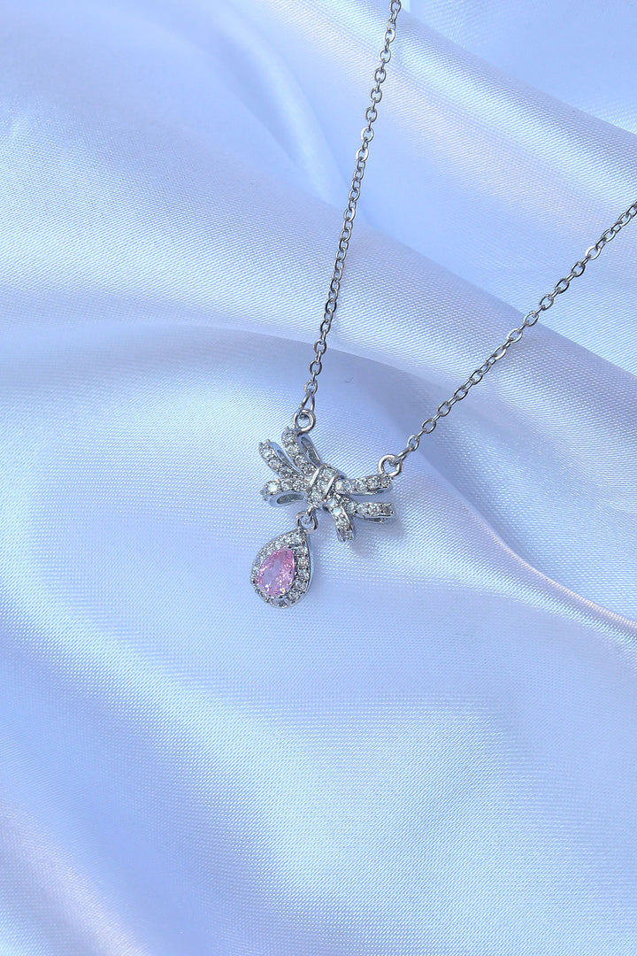EBJ 316L Stainless Steel Chain Silver Color Pink Zircon Stone Drop Detail Bow Model Necklace - Egg Harbor
