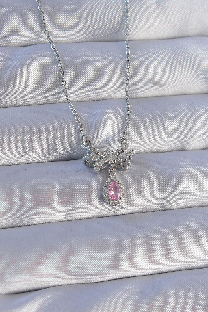 EBJ 316L Stainless Steel Chain Silver Color Pink Zircon Stone Drop Detail Bow Model Necklace - Egg Harbor