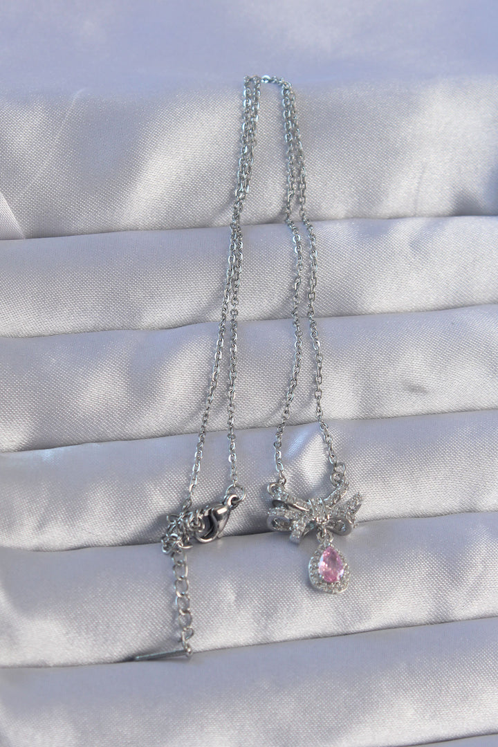 EBJ 316L Stainless Steel Chain Silver Color Pink Zircon Stone Drop Detail Bow Model Necklace - Egg Harbor