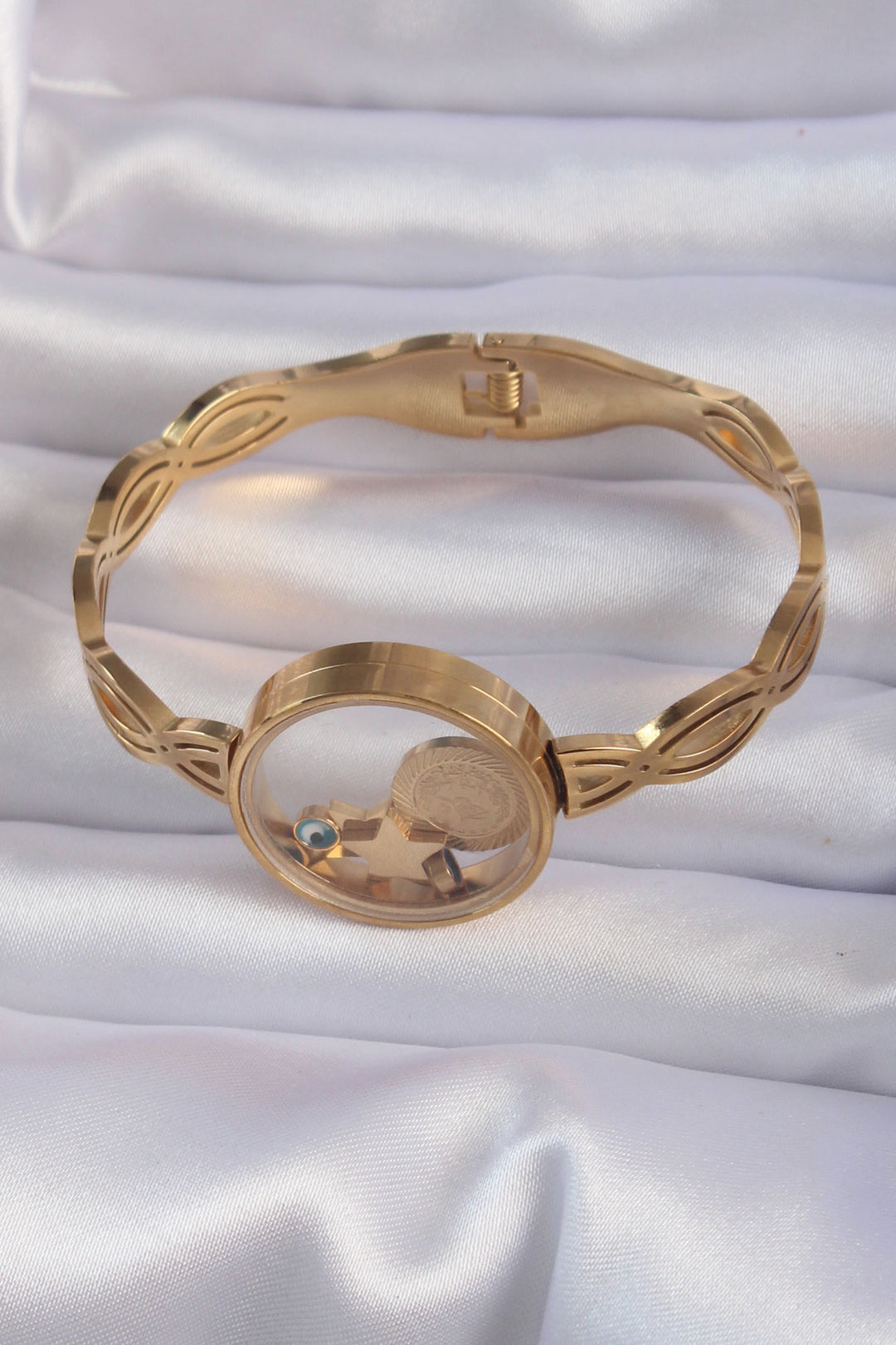EBJ 316L Steel Gold Color Evil Eye and Star Figured Openable Locket Bracelet - Ciudad Nezahualcóyotl