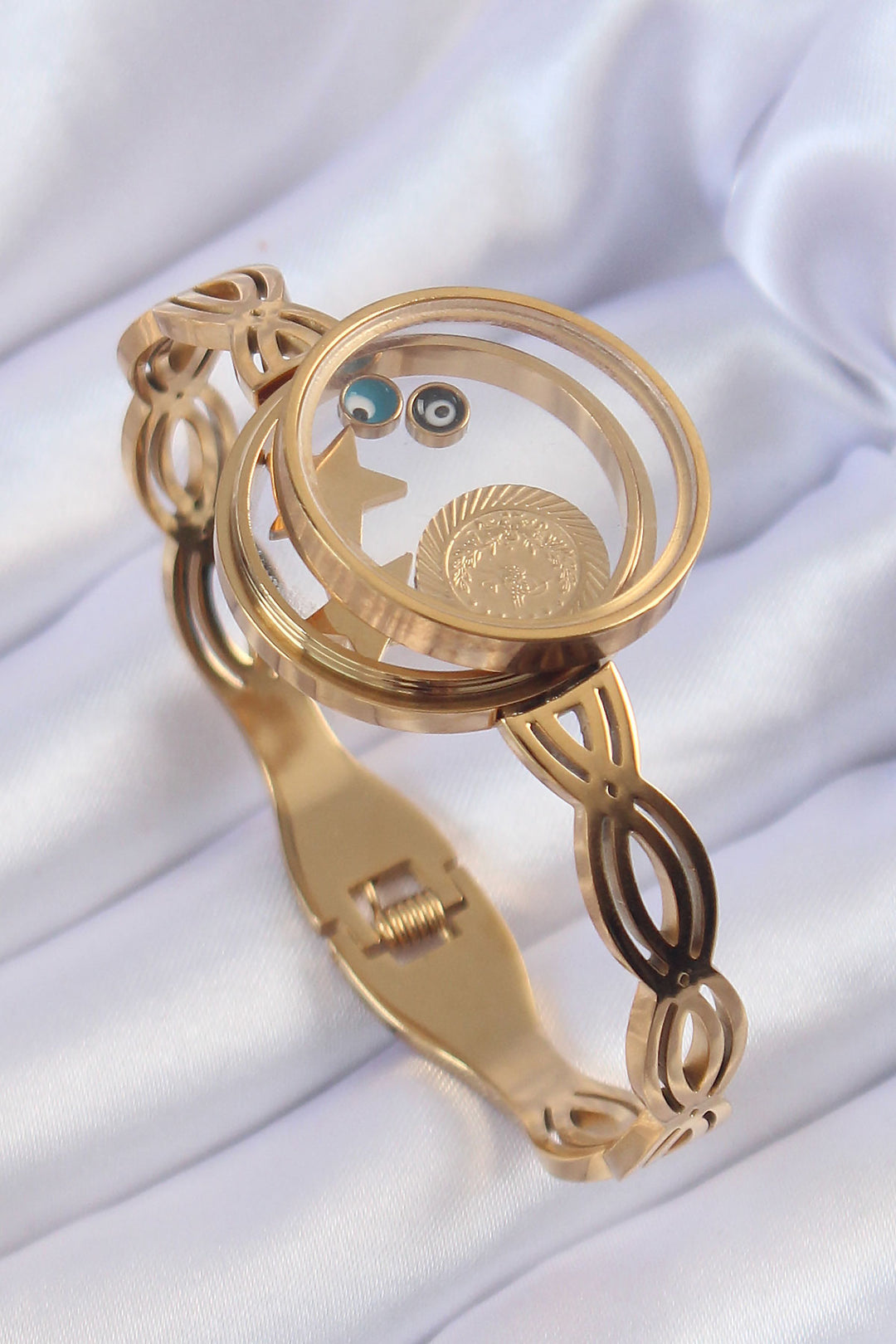 EBJ 316L Steel Gold Color Evil Eye and Star Figured Openable Locket Bracelet - Ciudad Nezahualcóyotl
