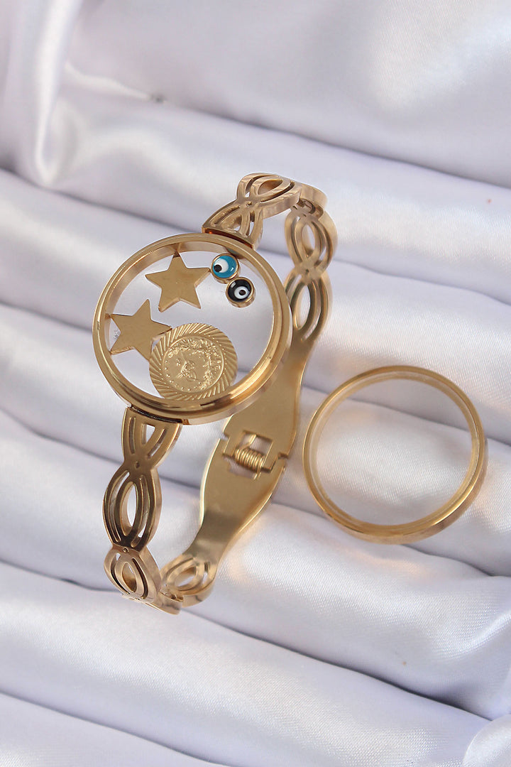 EBJ 316L Steel Gold Color Evil Eye and Star Figured Openable Locket Bracelet - Ciudad Nezahualcóyotl