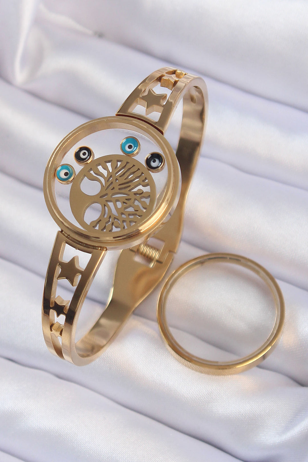 EBJ 316L Steel Gold Color Tree of Life and Evil Eye Bead Figured Openable Locket Bracelet - Coatepec Harinas