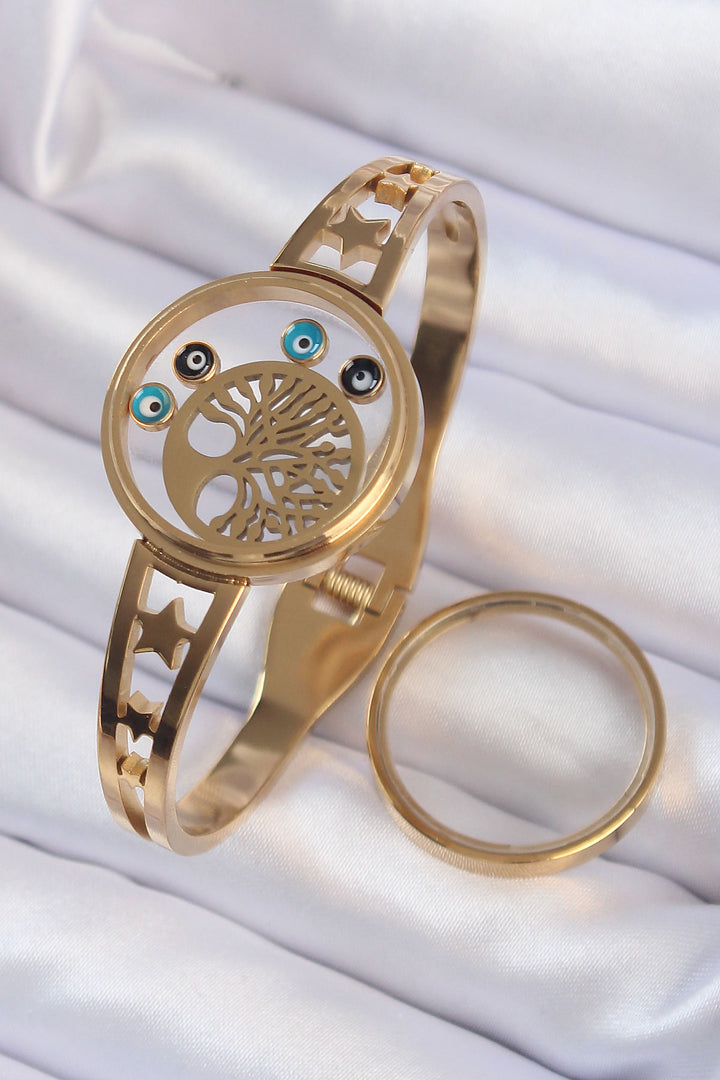 EBJ 316L Steel Gold Color Tree of Life and Evil Eye Bead Figured Openable Locket Bracelet - Coatepec Harinas