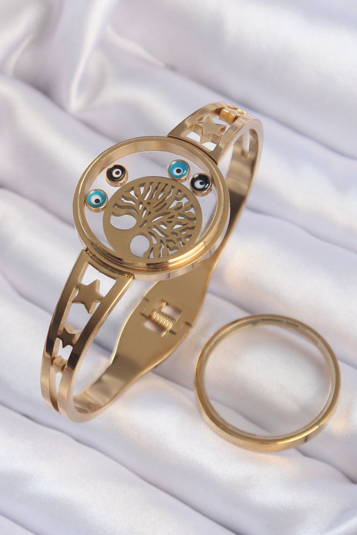 EBJ 316L Steel Gold Color Tree of Life and Evil Eye Bead Figured Openable Locket Bracelet - Coatepec Harinas