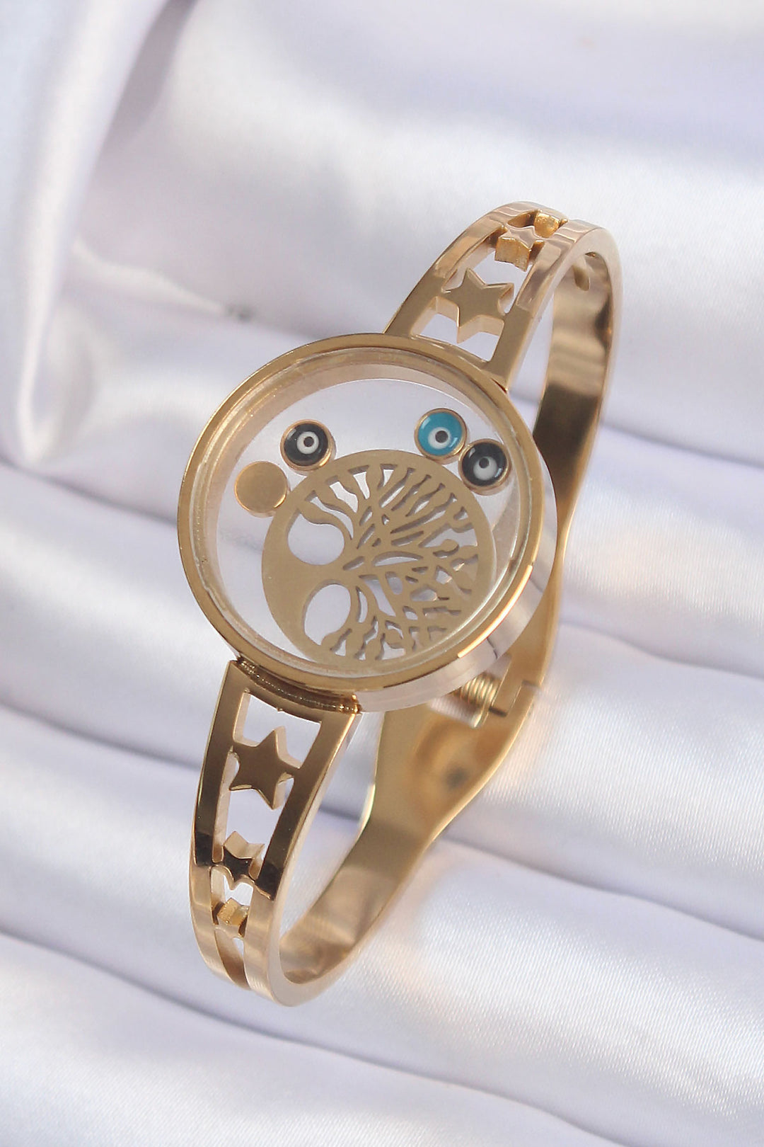 EBJ 316L Steel Gold Color Tree of Life and Evil Eye Bead Figured Openable Locket Bracelet - Coatepec Harinas