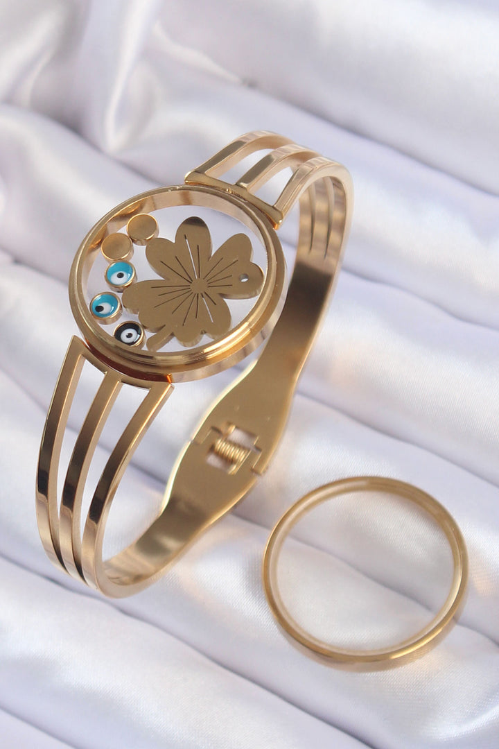 EBJ 316L Steel Gold Color Four-leaf Clover and Evil Eye Figure Openable Locket Bracelet - Sindelfingen