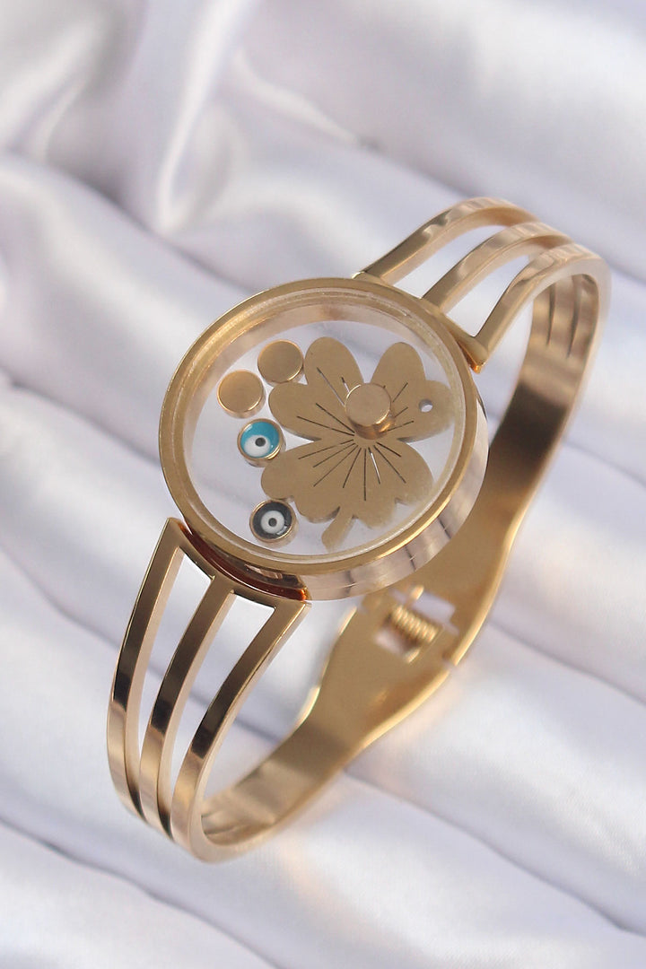 EBJ 316L Steel Gold Color Four-leaf Clover and Evil Eye Figure Openable Locket Bracelet - Sindelfingen
