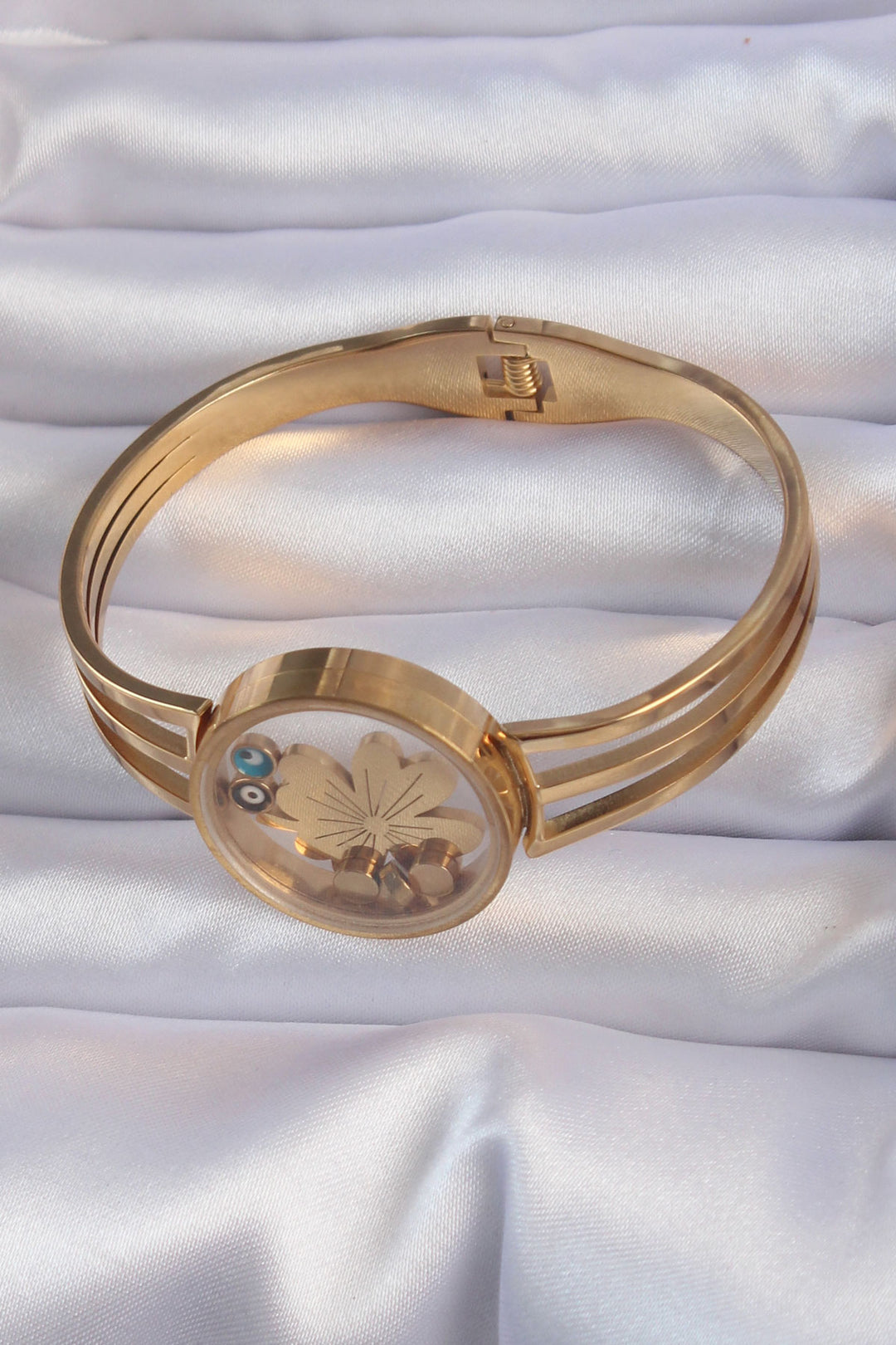 EBJ 316L Steel Gold Color Four-leaf Clover and Evil Eye Figure Openable Locket Bracelet - Sindelfingen