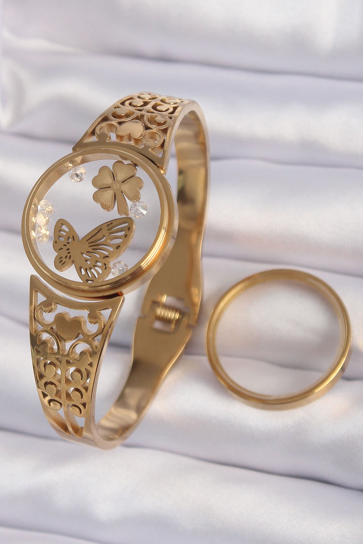 EBJ 316L Steel Gold Color Stone-Set Butterfly and Clover Figured Openable Locket Bracelet - Land O Lakes