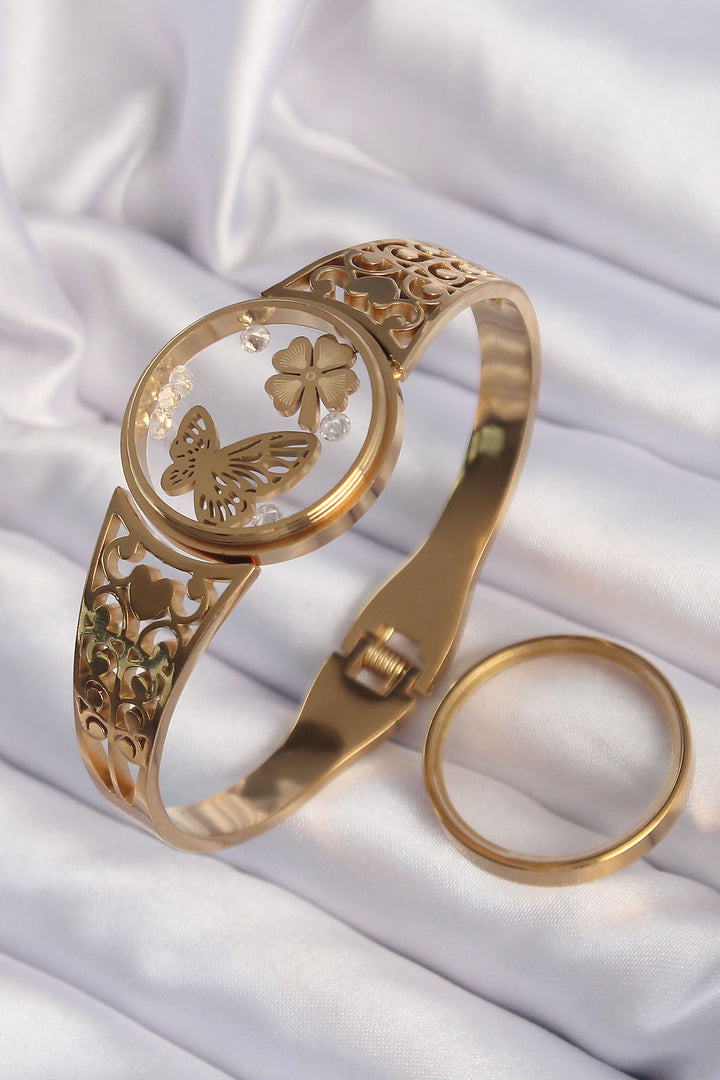 EBJ 316L Steel Gold Color Stone-Set Butterfly and Clover Figured Openable Locket Bracelet - Land O Lakes