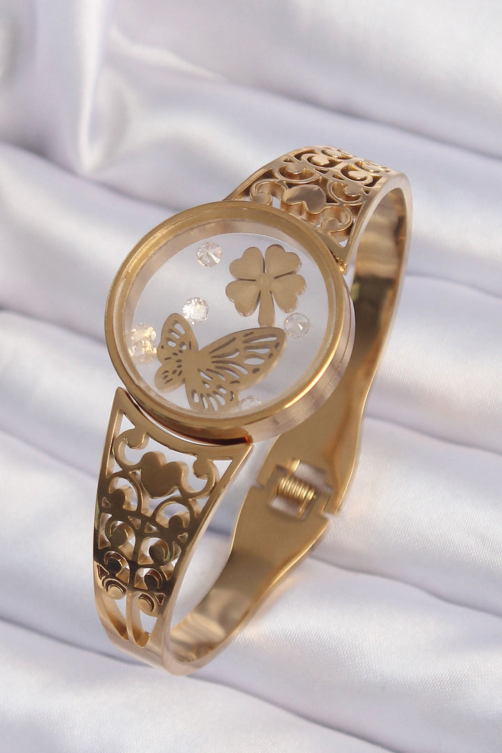 EBJ 316L Steel Gold Color Stone-Set Butterfly and Clover Figured Openable Locket Bracelet - Land O Lakes