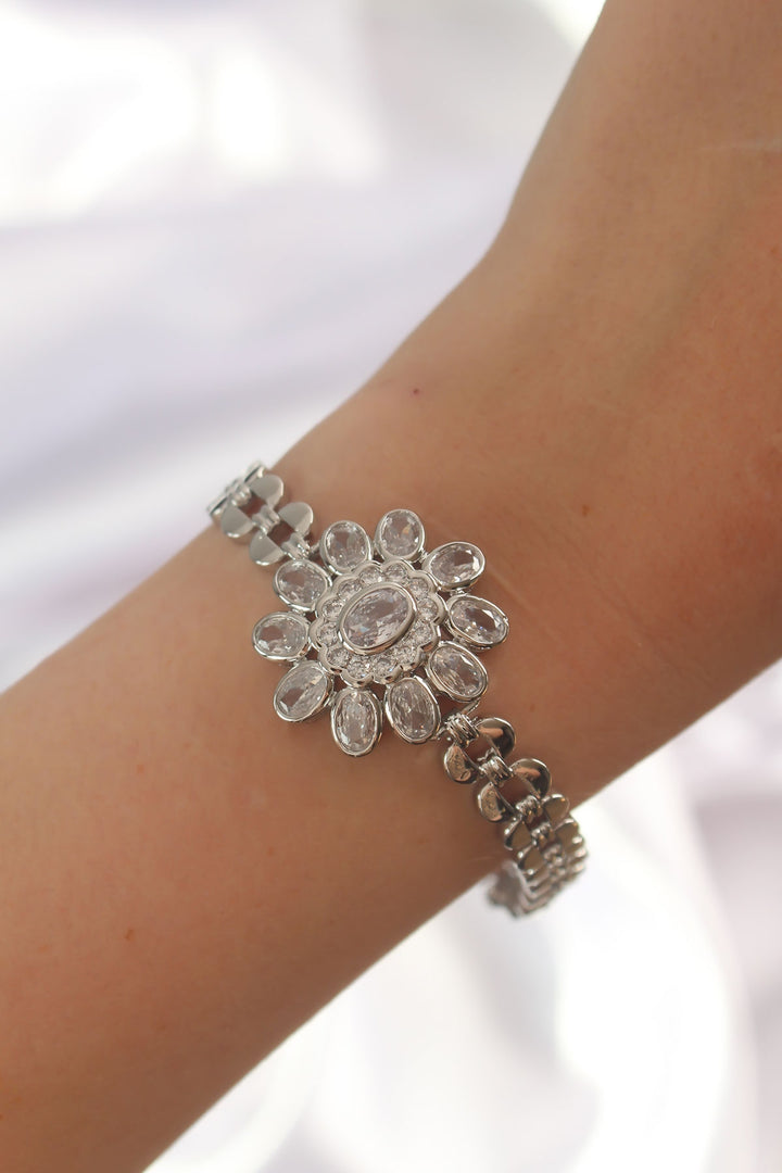 EBJ Rice Silver Color Bracelet with Large Zircon Stone Flower Figure - Binghamton