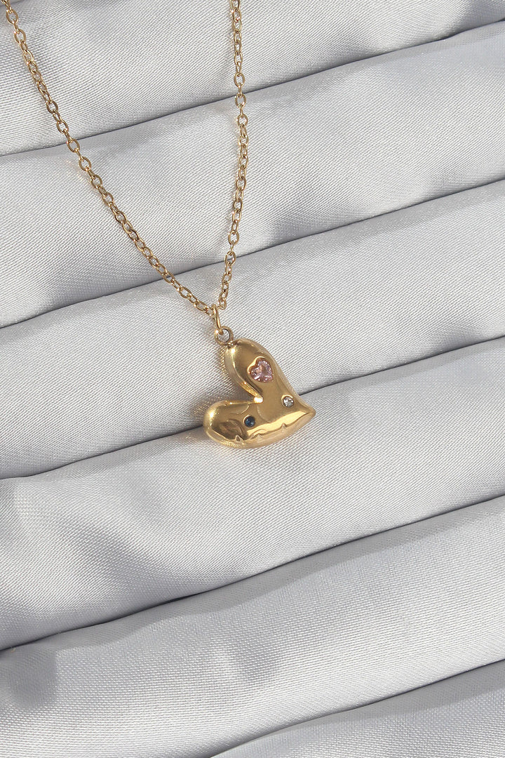 EBJ 316L Steel Chain Gold Color Heart Pendant Necklace with Colored Zircon Stones - Podilsk