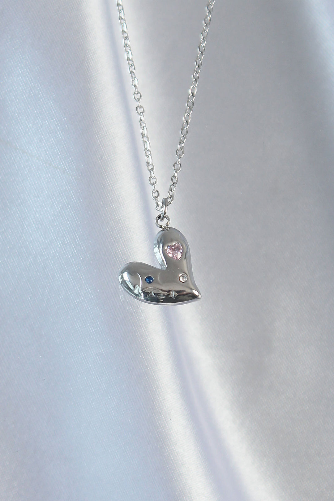 EBJ 316L Stainless Steel Chain Silver Color Heart Pendant Necklace with Colorful Zircon Stones - Linz