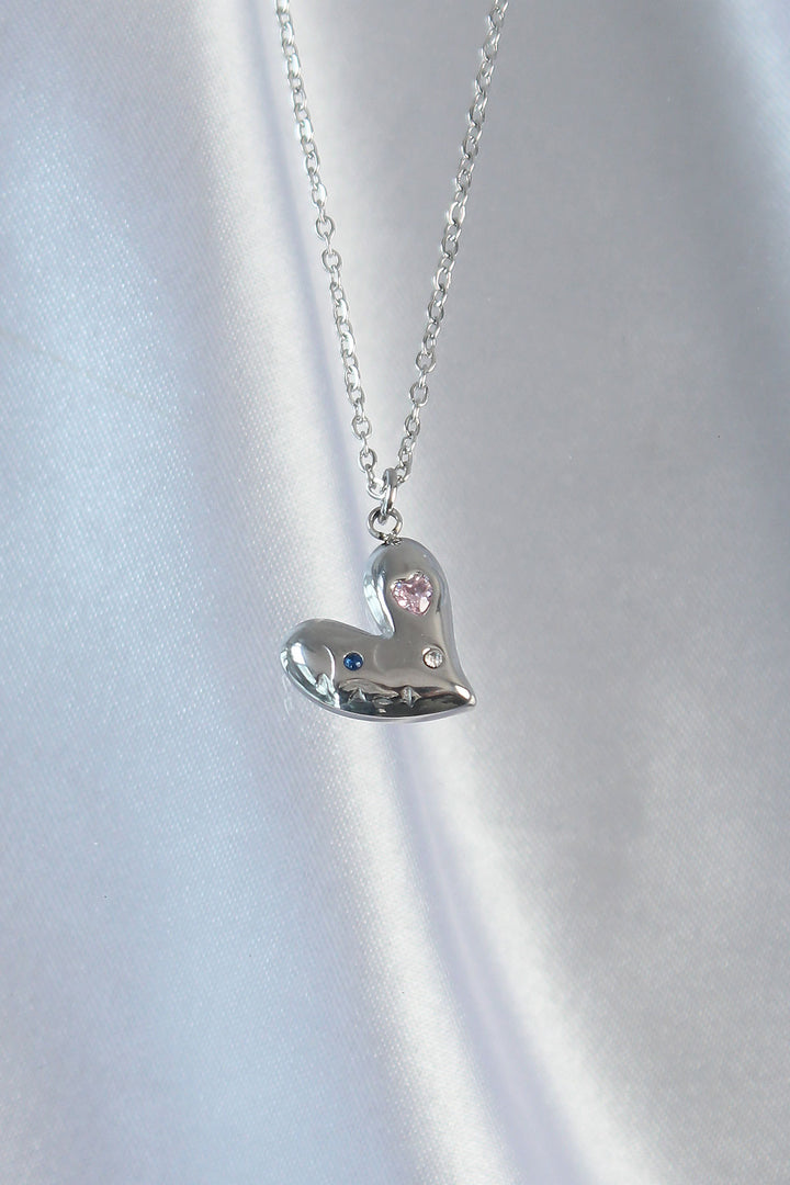 EBJ 316L Stainless Steel Chain Silver Color Heart Pendant Necklace with Colorful Zircon Stones - Linz