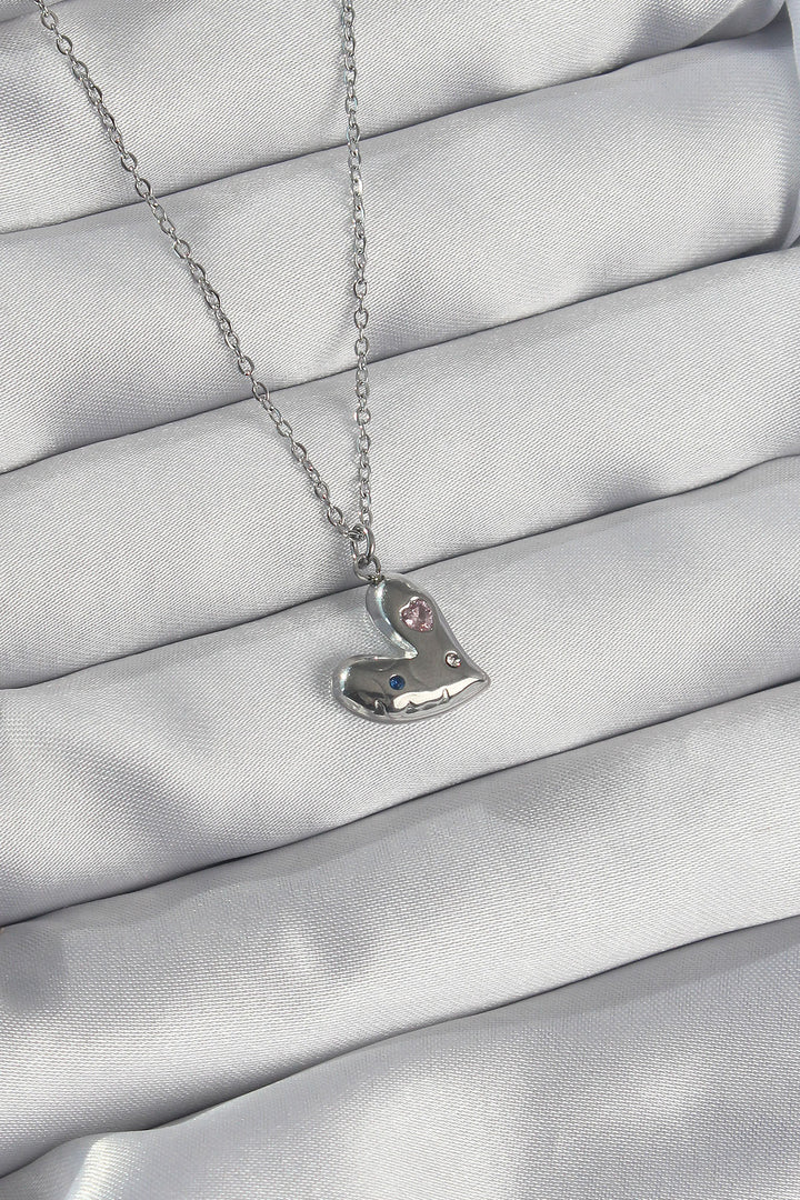 EBJ 316L Stainless Steel Chain Silver Color Heart Pendant Necklace with Colorful Zircon Stones - Linz