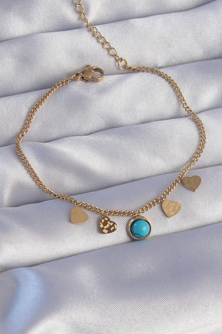 EBJ 316L Steel Gold Color Minimal Heart Detailed Bracelet with Blue Stone - Kleve
