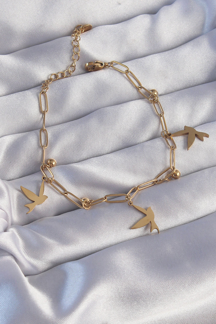EBJ 316L Steel Gold Color Bird Design Beaded Detail Chain Bracelet - Völklingen