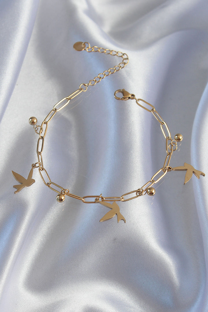 EBJ 316L Steel Gold Color Bird Design Beaded Detail Chain Bracelet - Völklingen