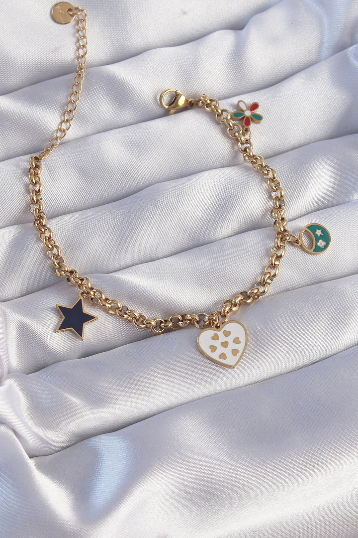 EBJ 316L Steel Gold Color Enamel Multi-Accessory Designed Chain Bracelet - Cozumel