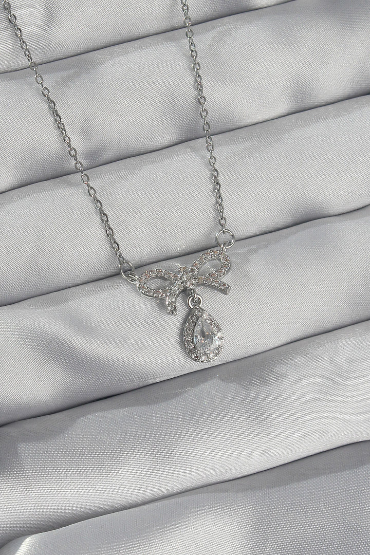 EBJ 316L Stainless Steel Silver Color Zircon Stone Bow Detail Drop Necklace - Chelmsford