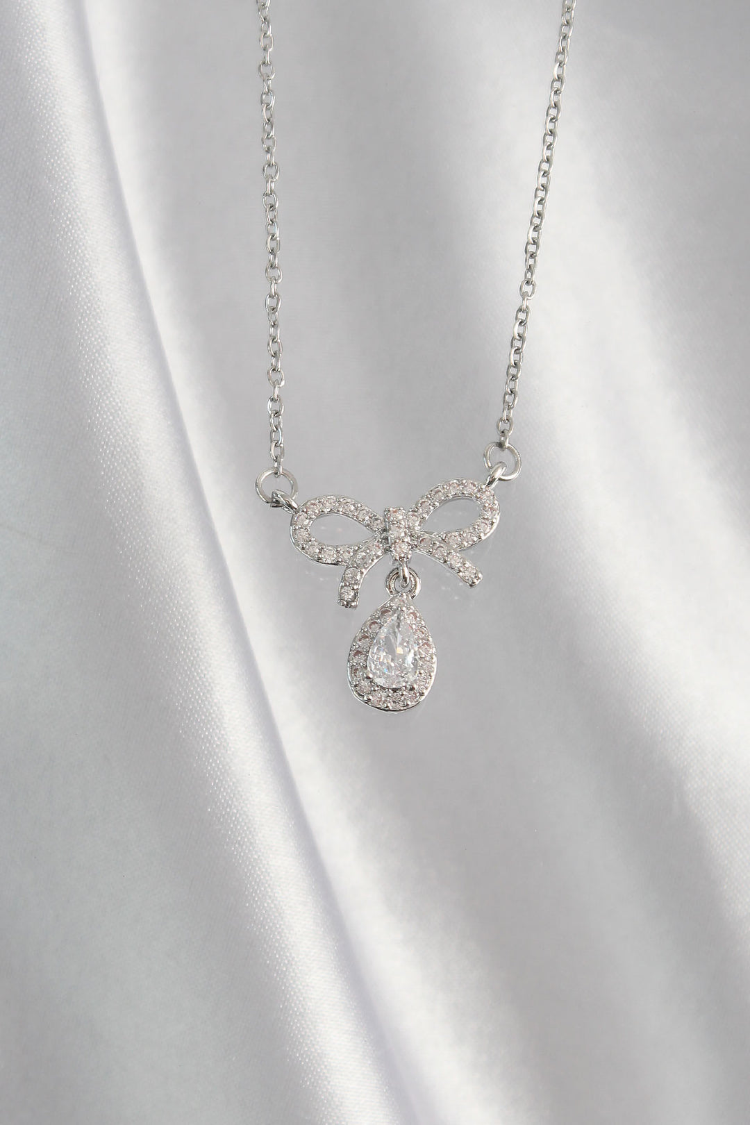 EBJ 316L Stainless Steel Silver Color Zircon Stone Bow Detail Drop Necklace - Chelmsford