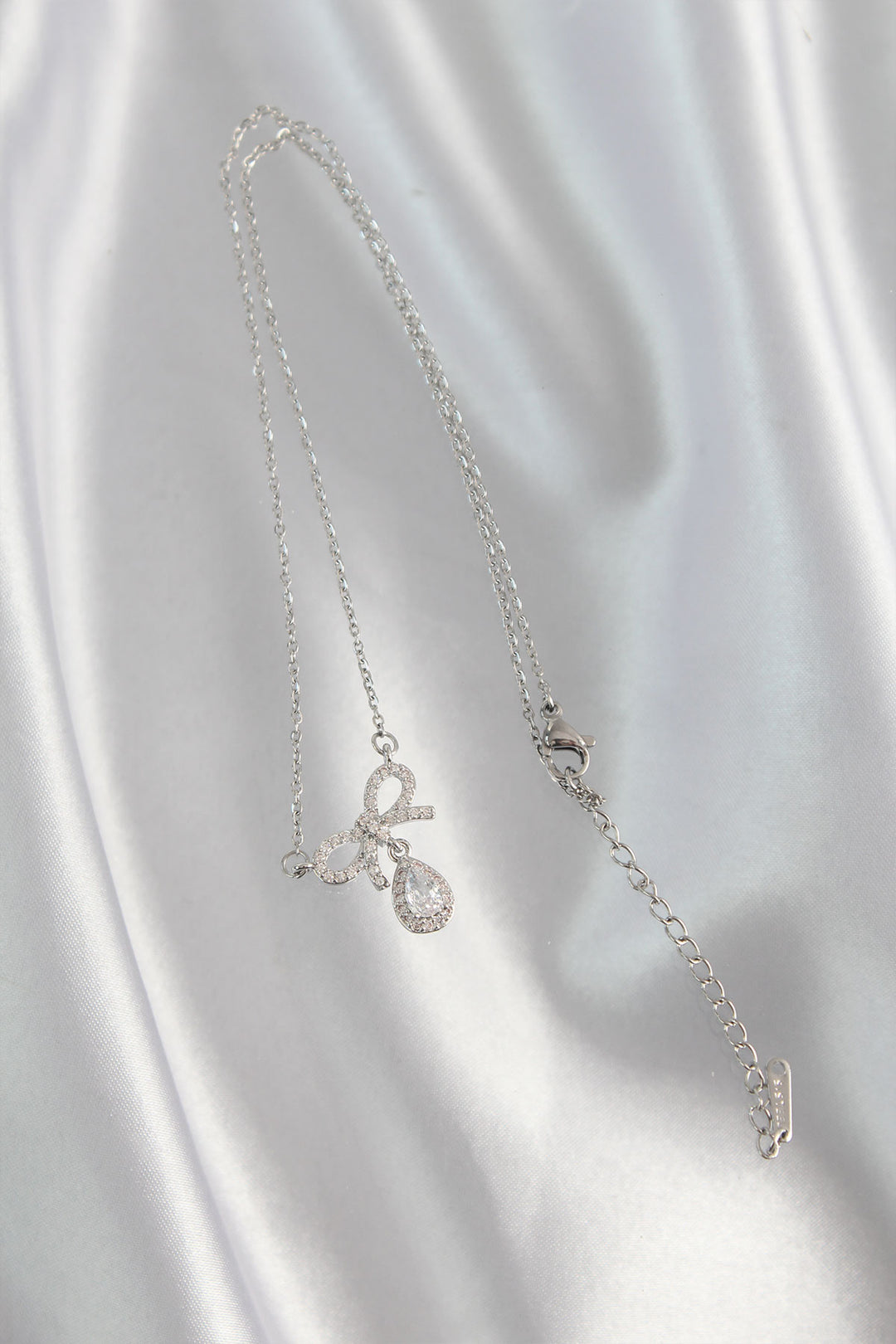 EBJ 316L Stainless Steel Silver Color Zircon Stone Bow Detail Drop Necklace - Chelmsford