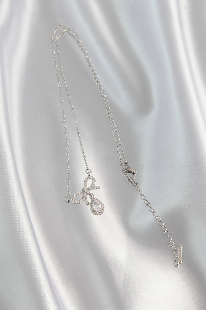 EBJ 316L Stainless Steel Silver Color Zircon Stone Bow Detail Drop Necklace - Chelmsford