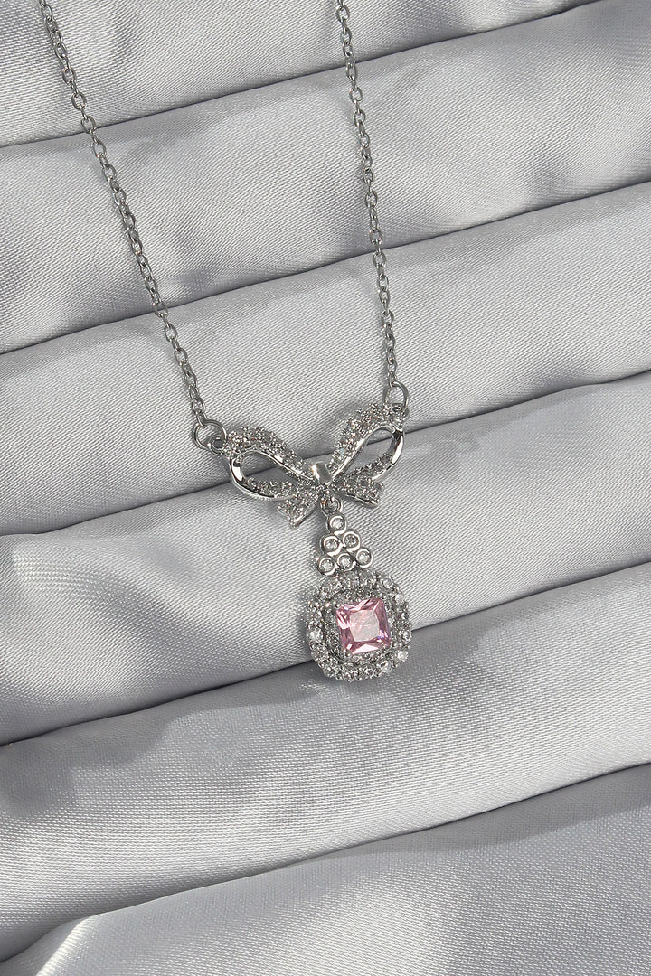 EBJ 316L Stainless Steel Silver Color Bow Detail Pink Zircon Stone Solitaire Necklace - Mâcon