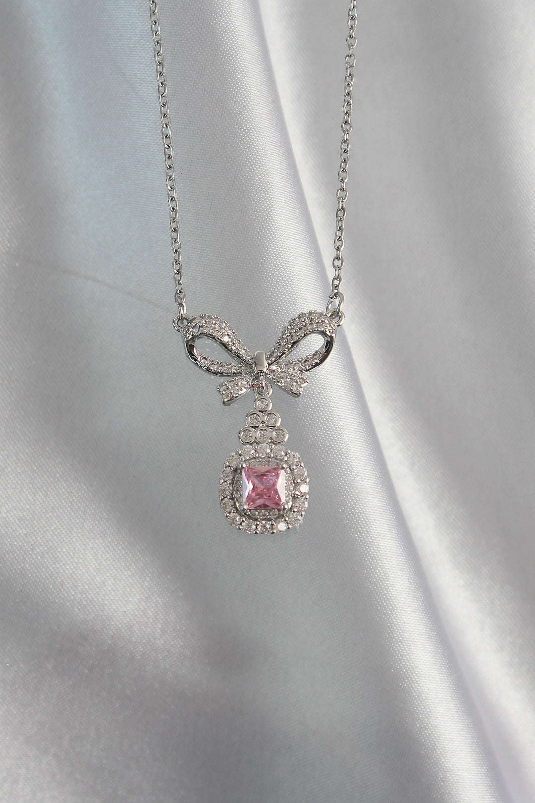 EBJ 316L Stainless Steel Silver Color Bow Detail Pink Zircon Stone Solitaire Necklace - Mâcon
