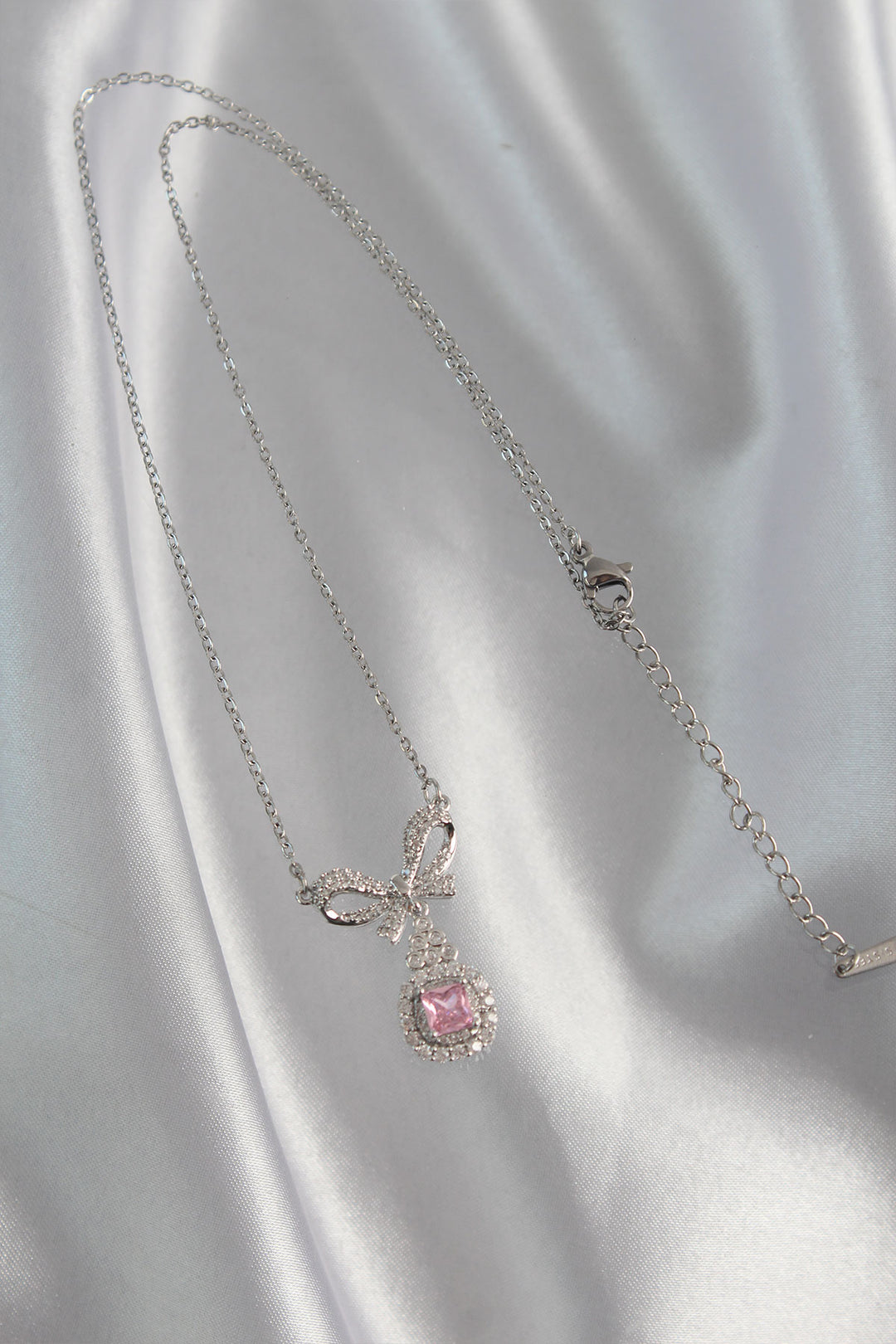 EBJ 316L Stainless Steel Silver Color Bow Detail Pink Zircon Stone Solitaire Necklace - Mâcon