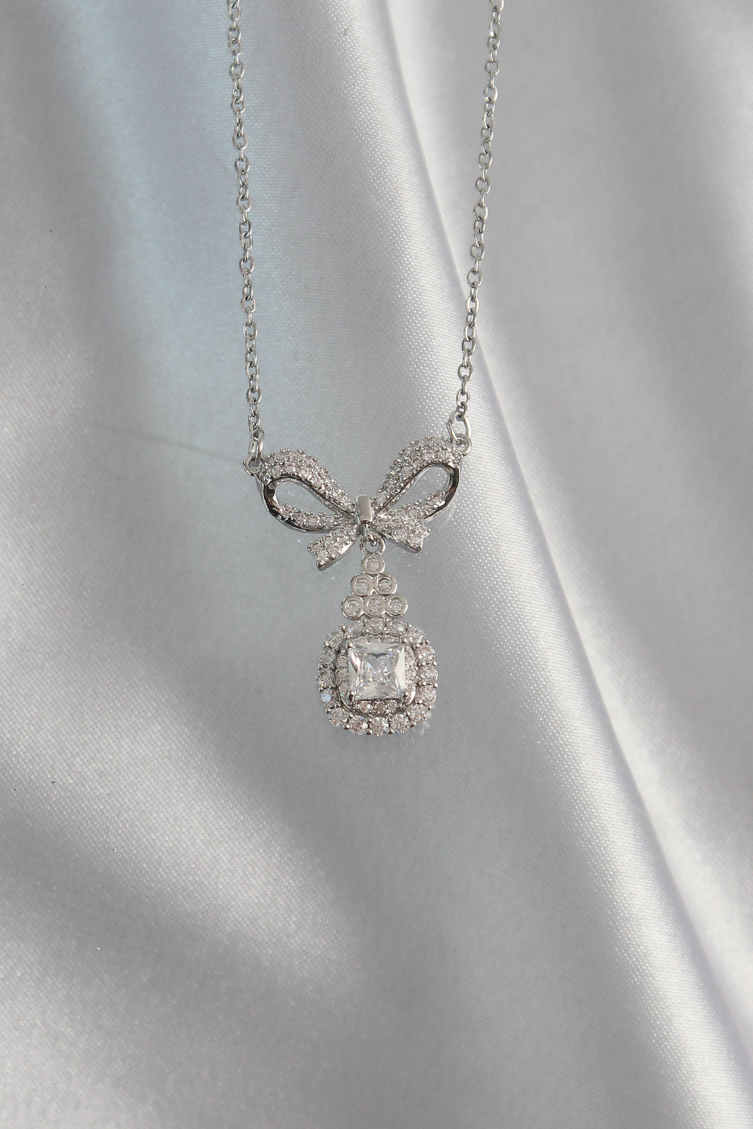 EBJ 316L Stainless Steel Silver Color Bow Detail Zircon Stone Solitaire Necklace - Limoges