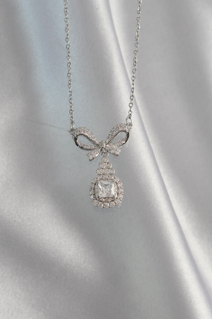 EBJ 316L Stainless Steel Silver Color Bow Detail Zircon Stone Solitaire Necklace - Limoges