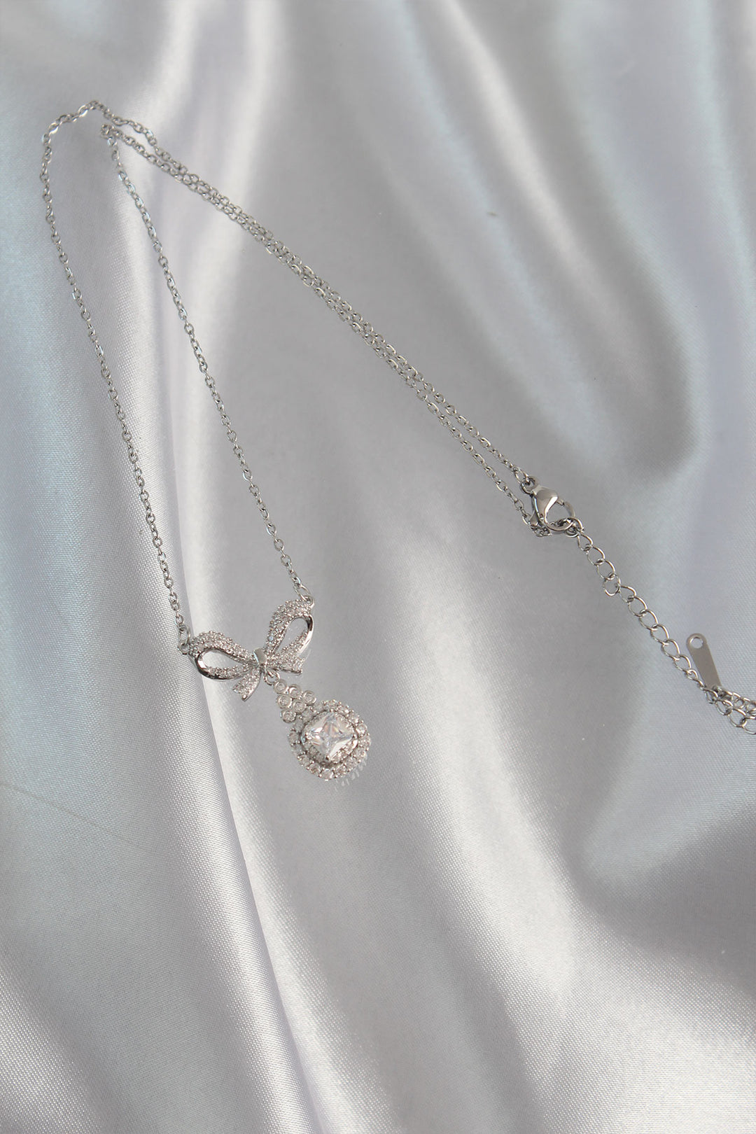 EBJ 316L Stainless Steel Silver Color Bow Detail Zircon Stone Solitaire Necklace - Limoges