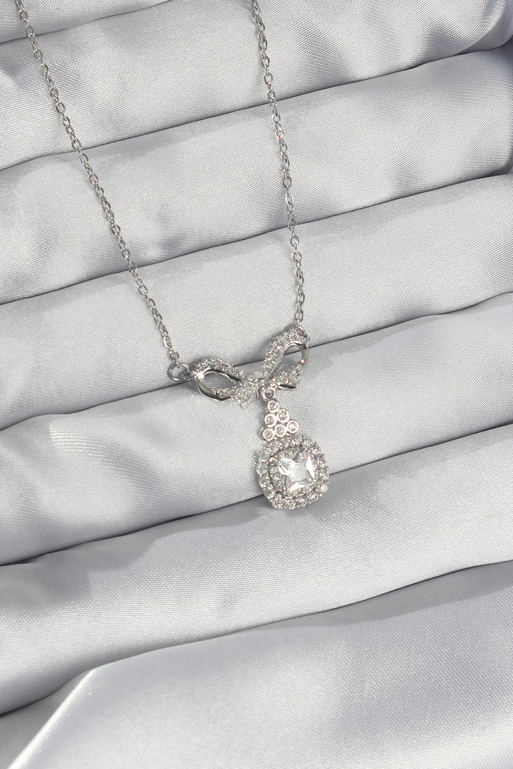 EBJ 316L Stainless Steel Silver Color Bow Detail Zircon Stone Solitaire Necklace - Limoges