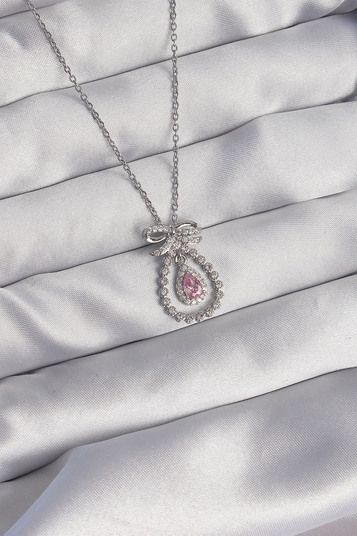 EBJ 316L Stainless Steel Silver Color Bow Detailed Pink Zircon Stone Drop Model Necklace - Guasavito