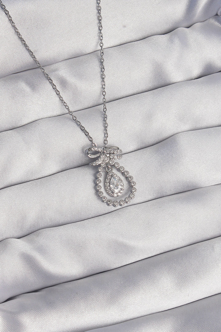 EBJ 316L Stainless Steel Silver Color Bow Detail Zircon Stone Drop Model Necklace - Dresden