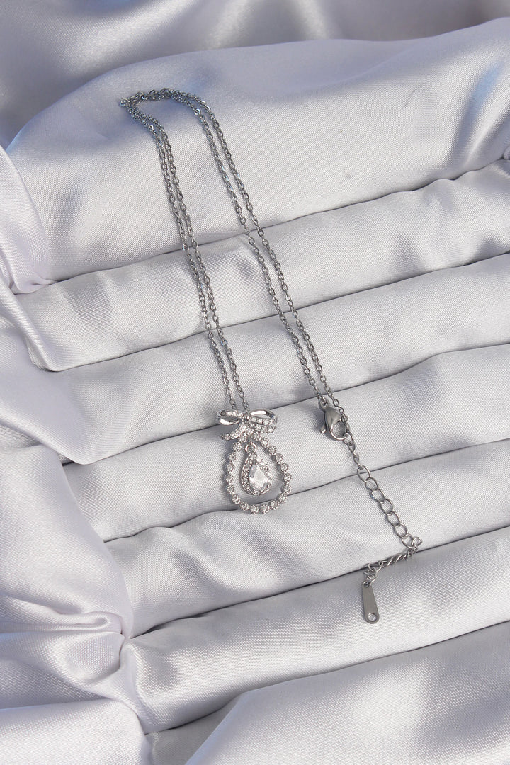 EBJ 316L Stainless Steel Silver Color Bow Detail Zircon Stone Drop Model Necklace - Dresden