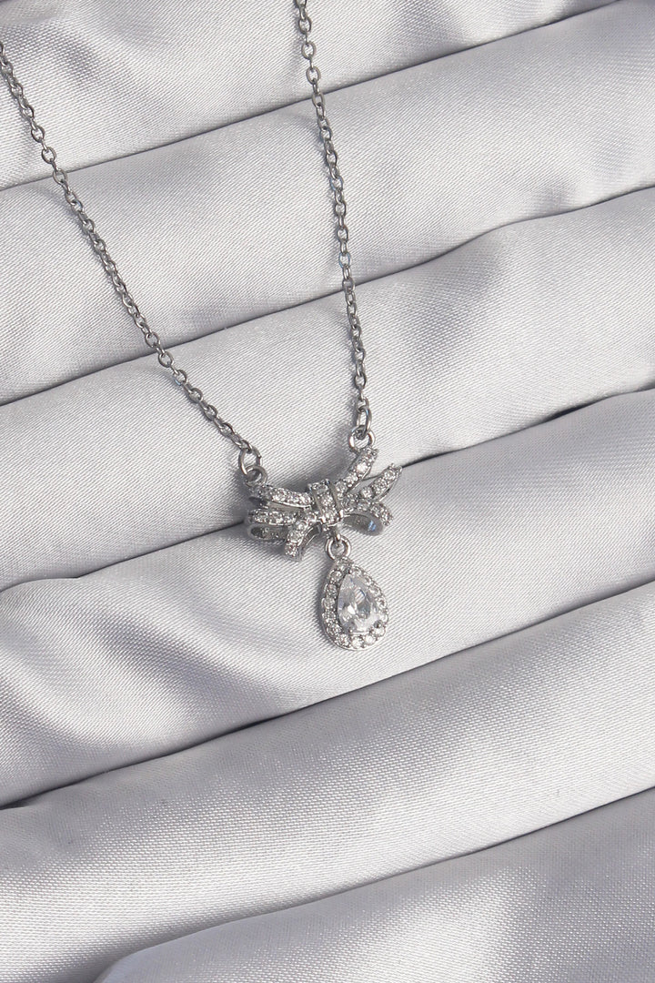 EBJ 316L Stainless Steel Silver Color Bow Detail Zircon Stone Drop Model Necklace - Viterbo