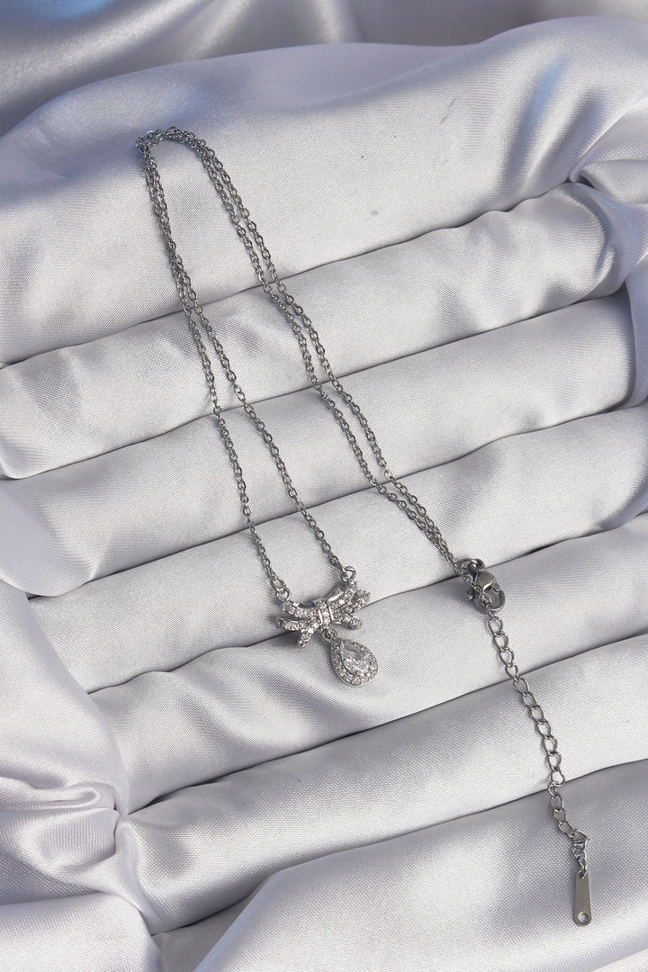 EBJ 316L Stainless Steel Silver Color Bow Detail Zircon Stone Drop Model Necklace - Viterbo