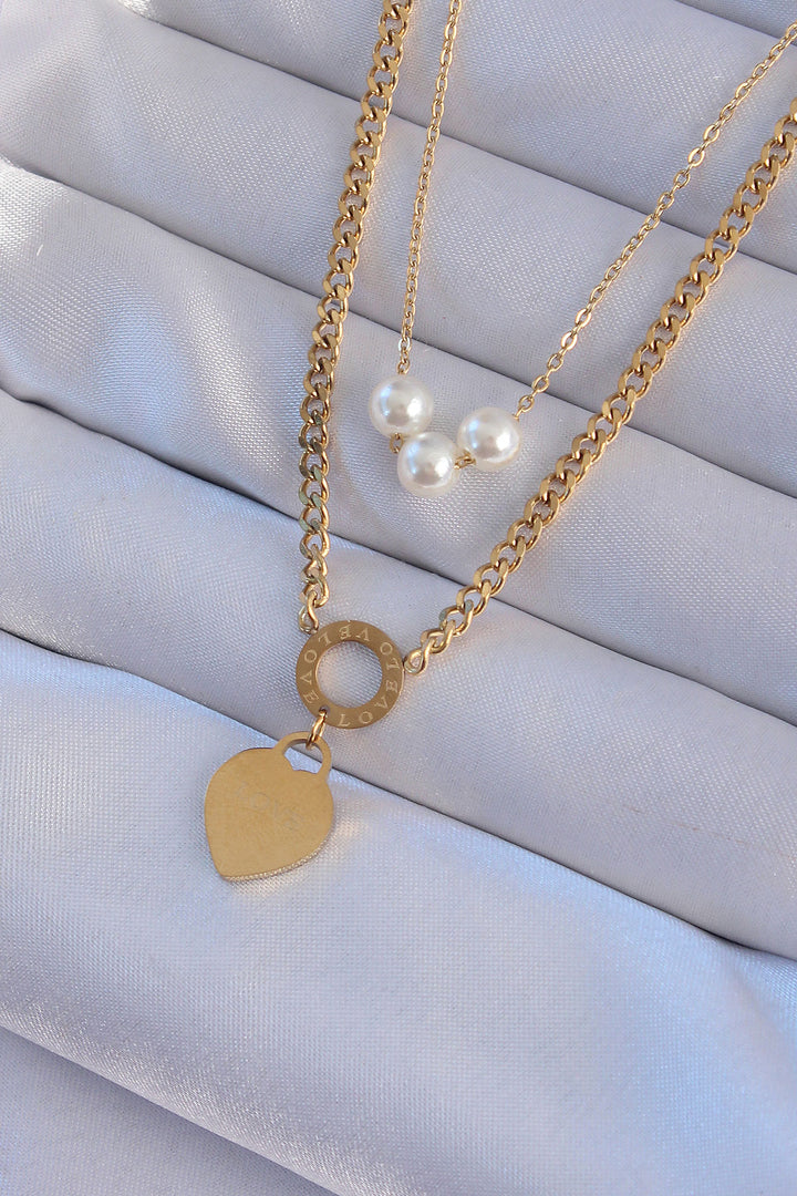EBJ 316L Steel Gold Color Double Chain Pearl Detail Love Heart Necklace - Las Cruces