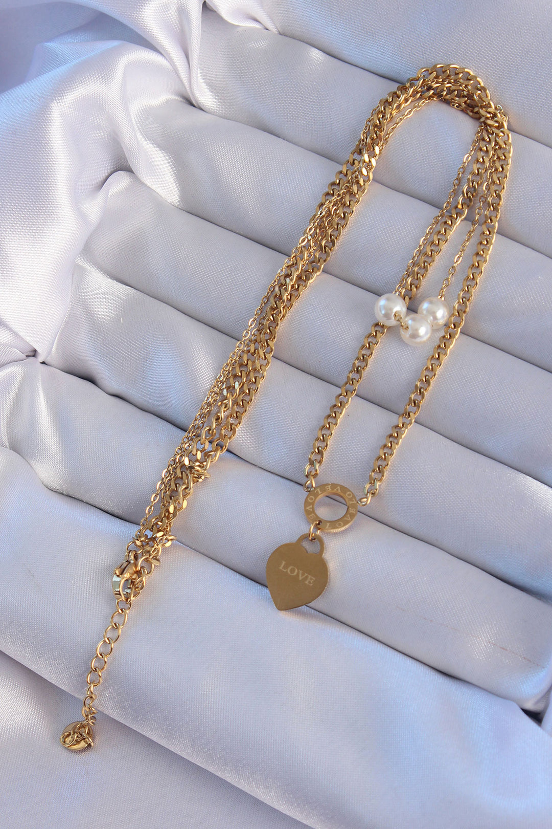 EBJ 316L Steel Gold Color Double Chain Pearl Detail Love Heart Necklace - Las Cruces